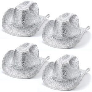 3668 4 Pcs Silver Cowboy Hat Felt Western Glitter Cowgirl With Wide